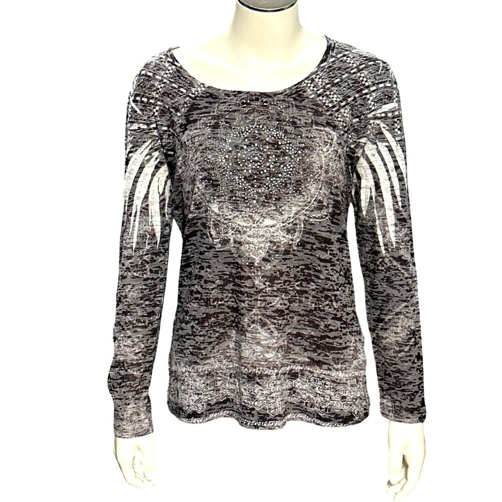 CCC Long Sleeve Embellished Top Rhinestones Abstract Aztec Eagle Feathers Medium